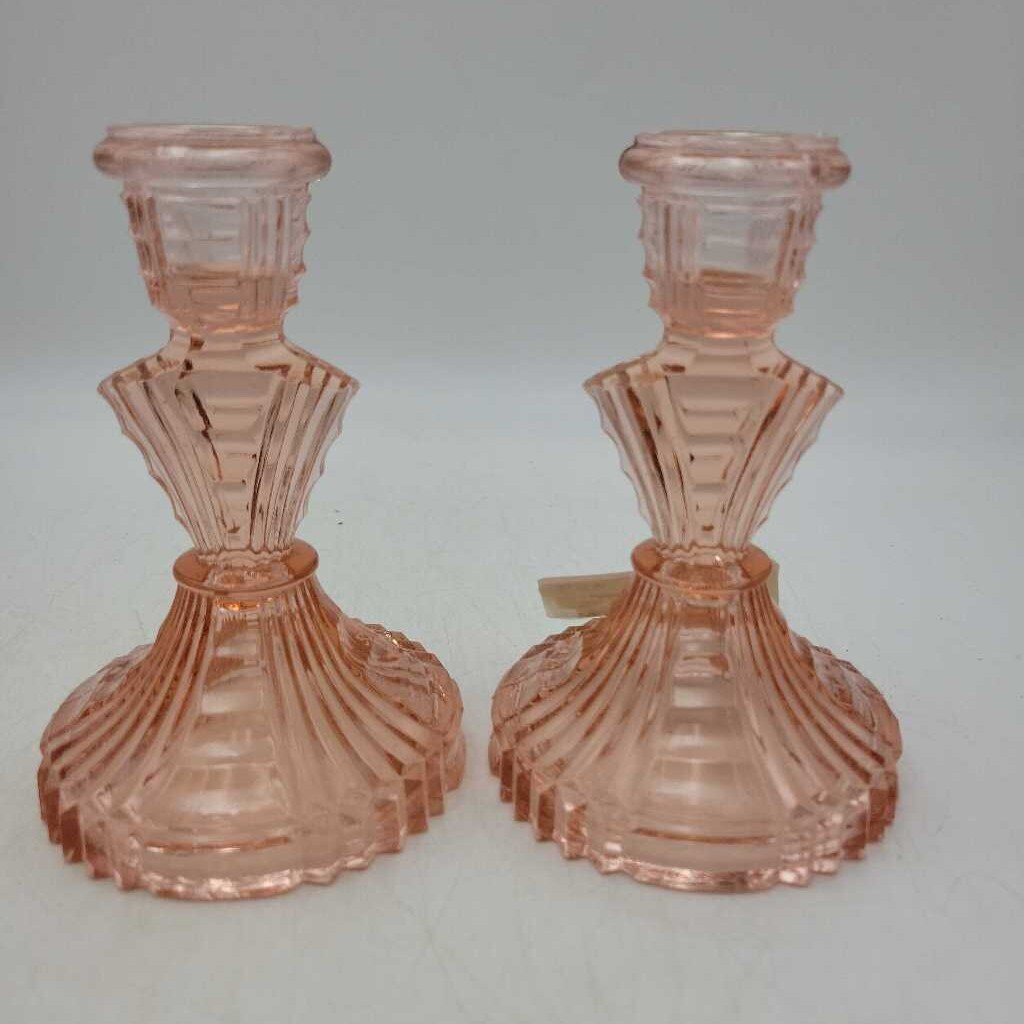 Pair Pink Depression Glass Candlesticks (CM0955)