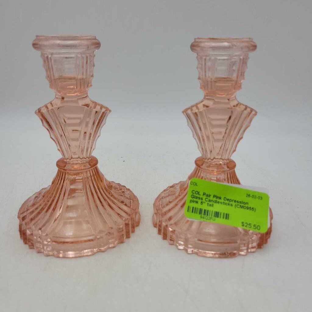 Pair Pink Depression Glass Candlesticks (CM0955)