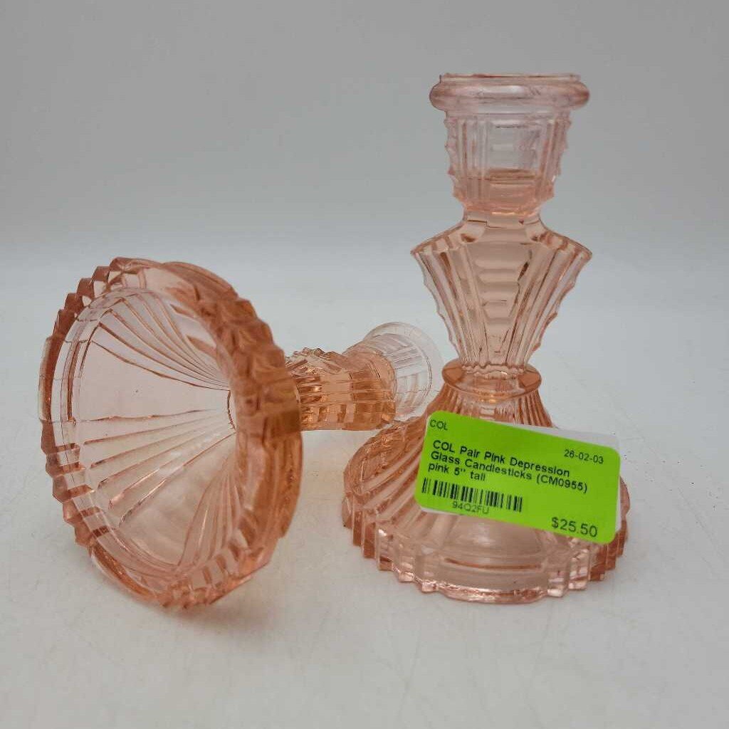 Pair Pink Depression Glass Candlesticks (CM0955)