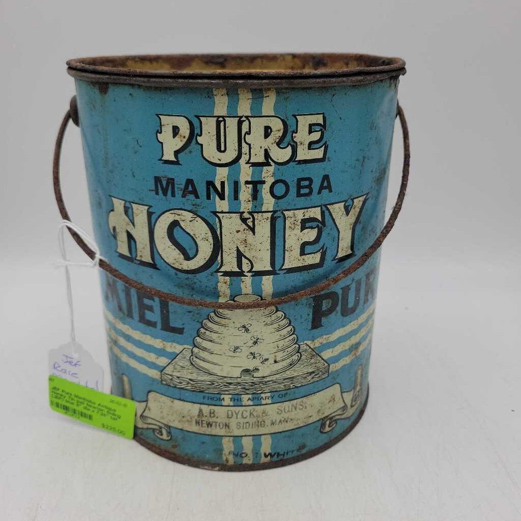 Pure Manitoba Antique Honey Tin pail Newton Siding (JEF)