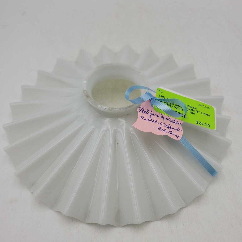 Antique Milk Glass ruffled Oil lamp Shade 2" inside dia (TRE)