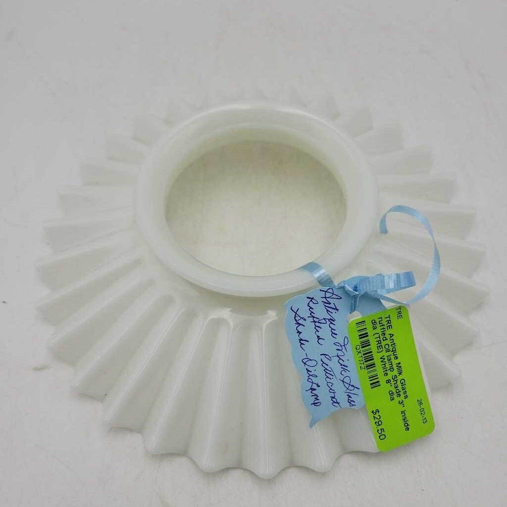 Antique Milk Glass ruffled Oil lamp Shade 3" inside dia (TRE)