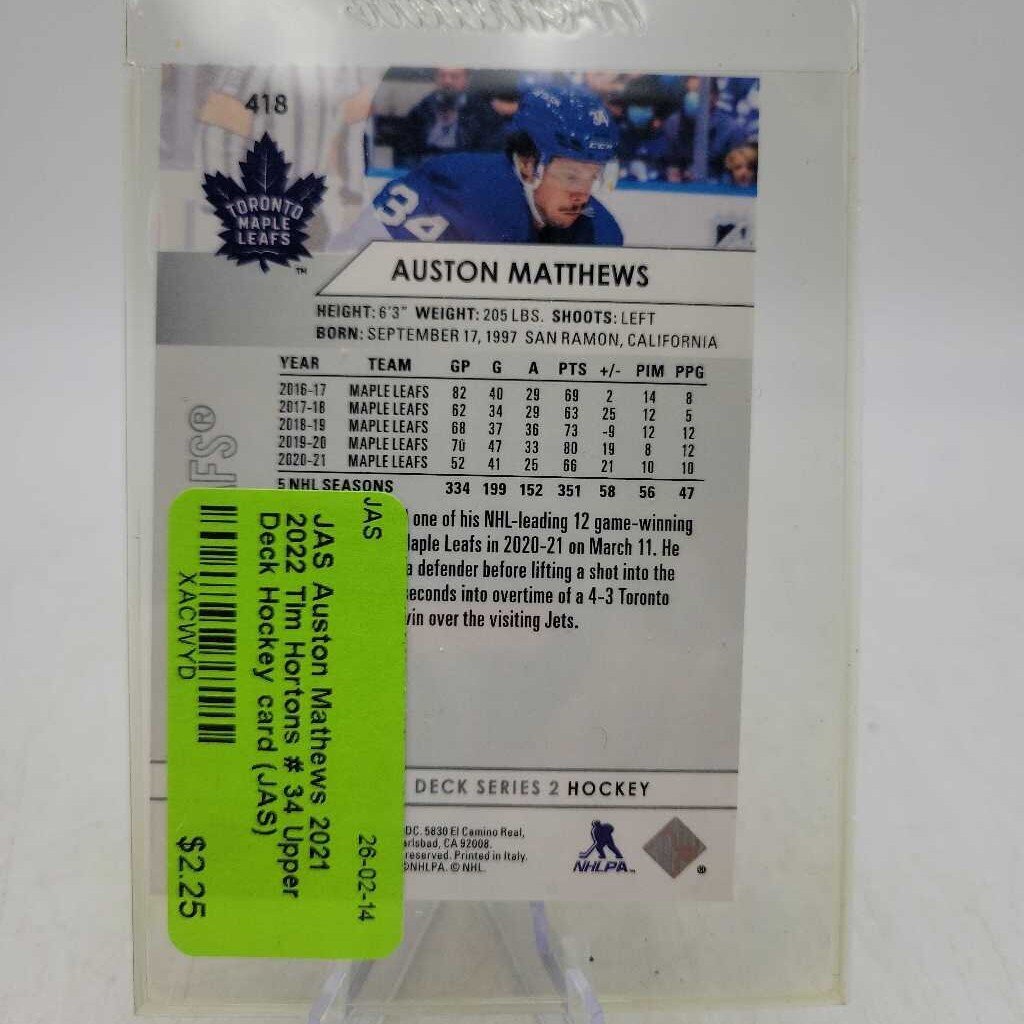 Auston Mathews 2021 2022 Tim Hortons # 34 Upper Deck Hockey card (JAS)