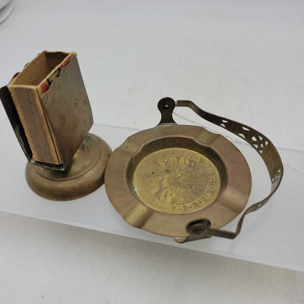 Brass Ashtray and match holder portable with handle (BS)