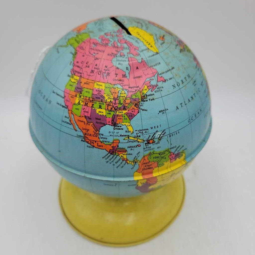 Vintage Tin world Globe coin bank (DEB)