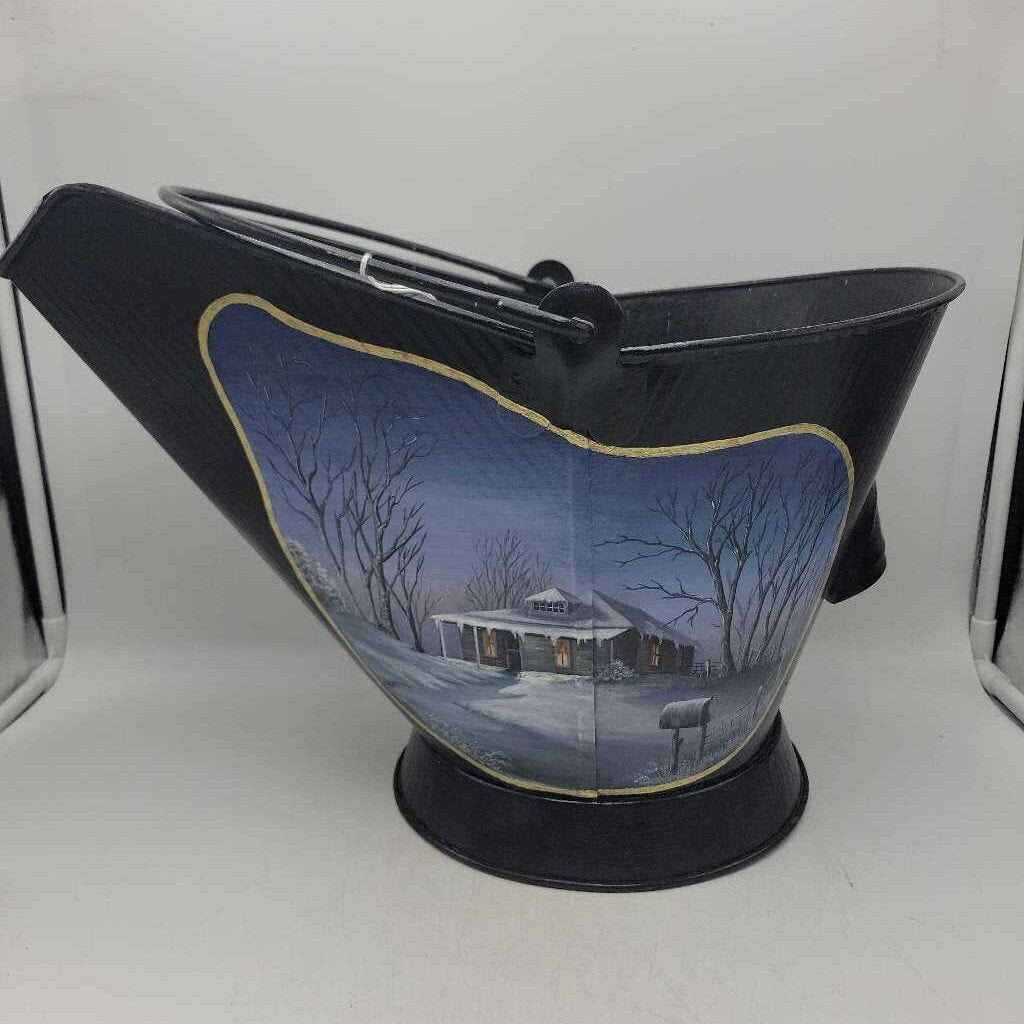 Metal Coal Skuttle with tole painted scene (DMG) 0906
