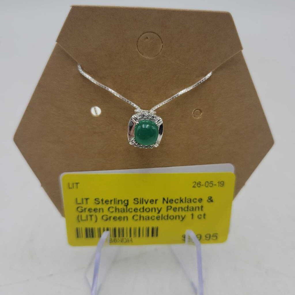 Sterling Silver Necklace & Green Chalcedony Pendant (LIT)