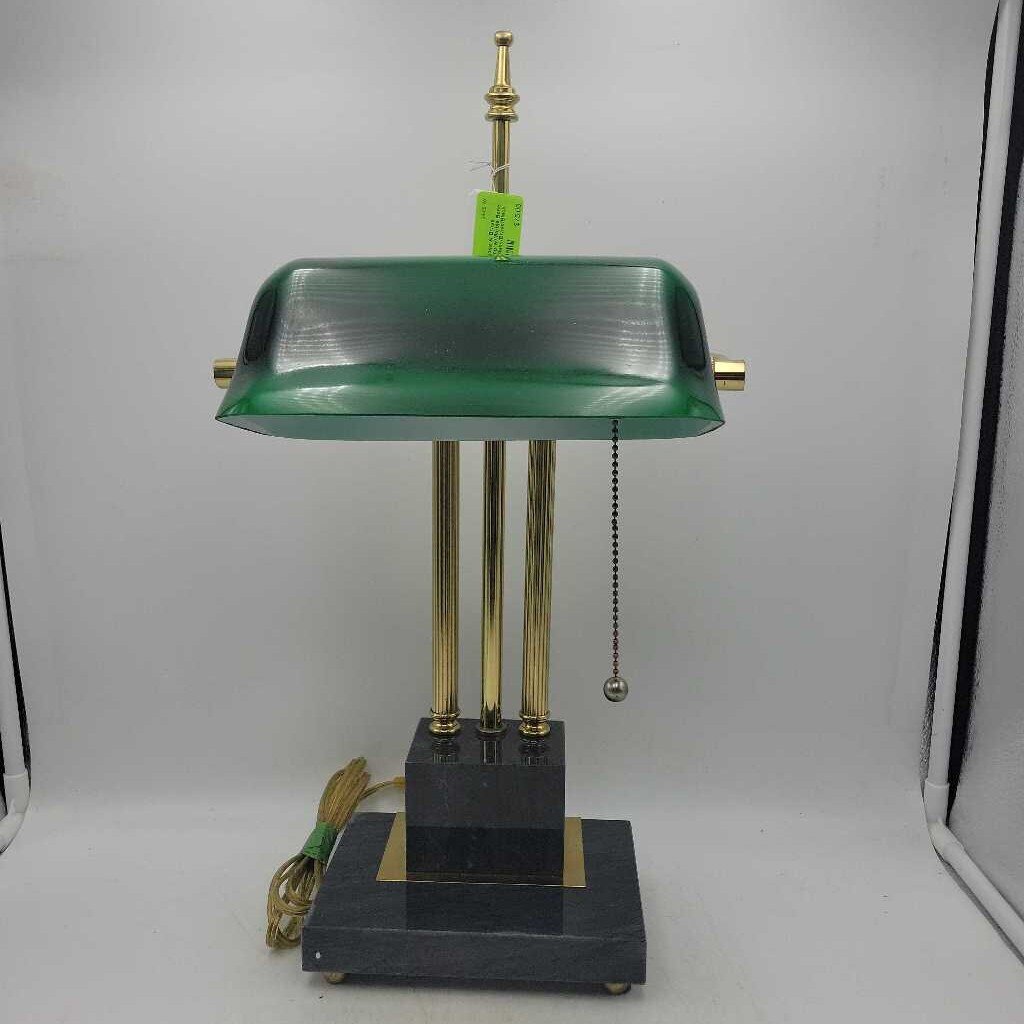 Green Glass & Brass Bankers Lamp w/Marble Base (JL)