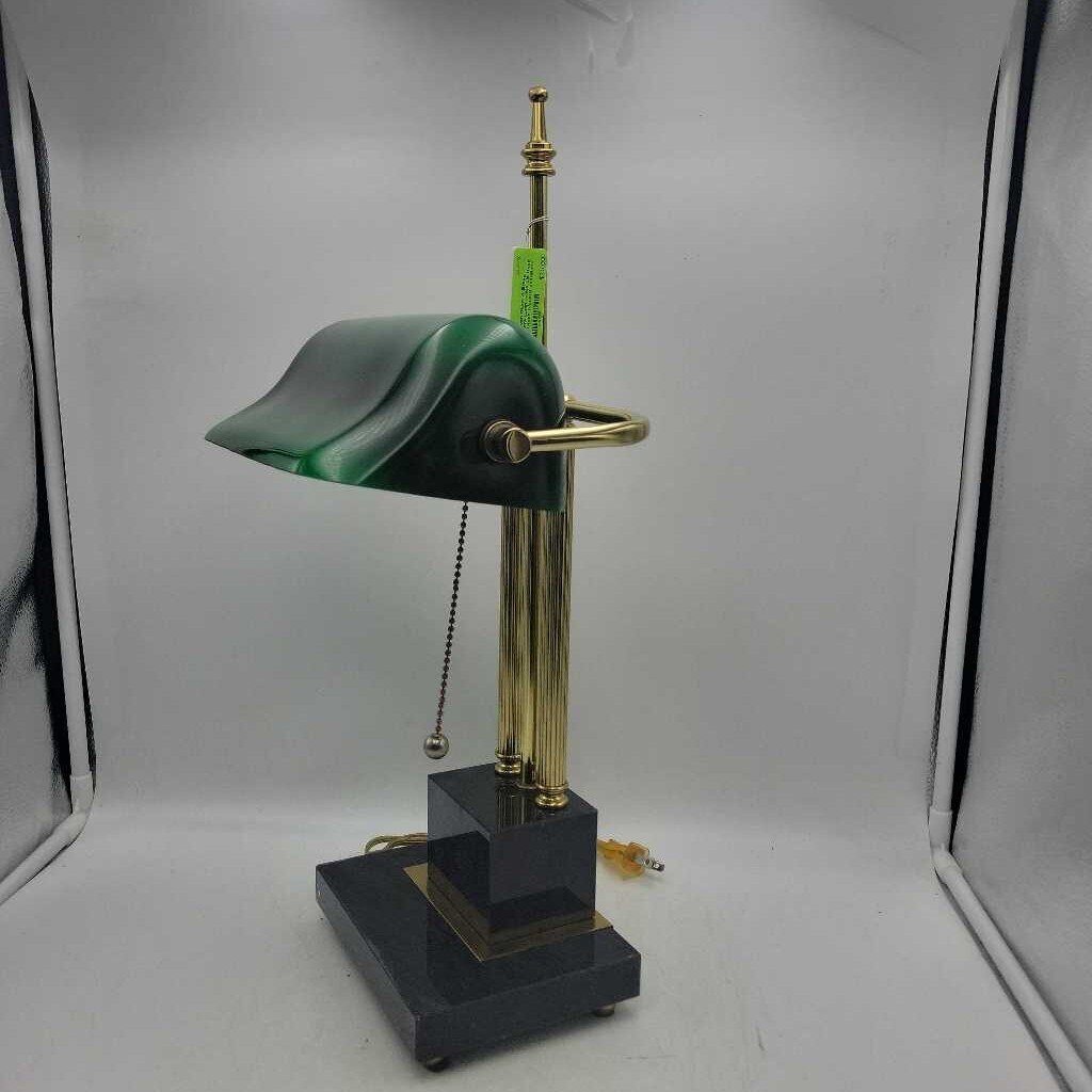 Green Glass & Brass Bankers Lamp w/Marble Base (JL)