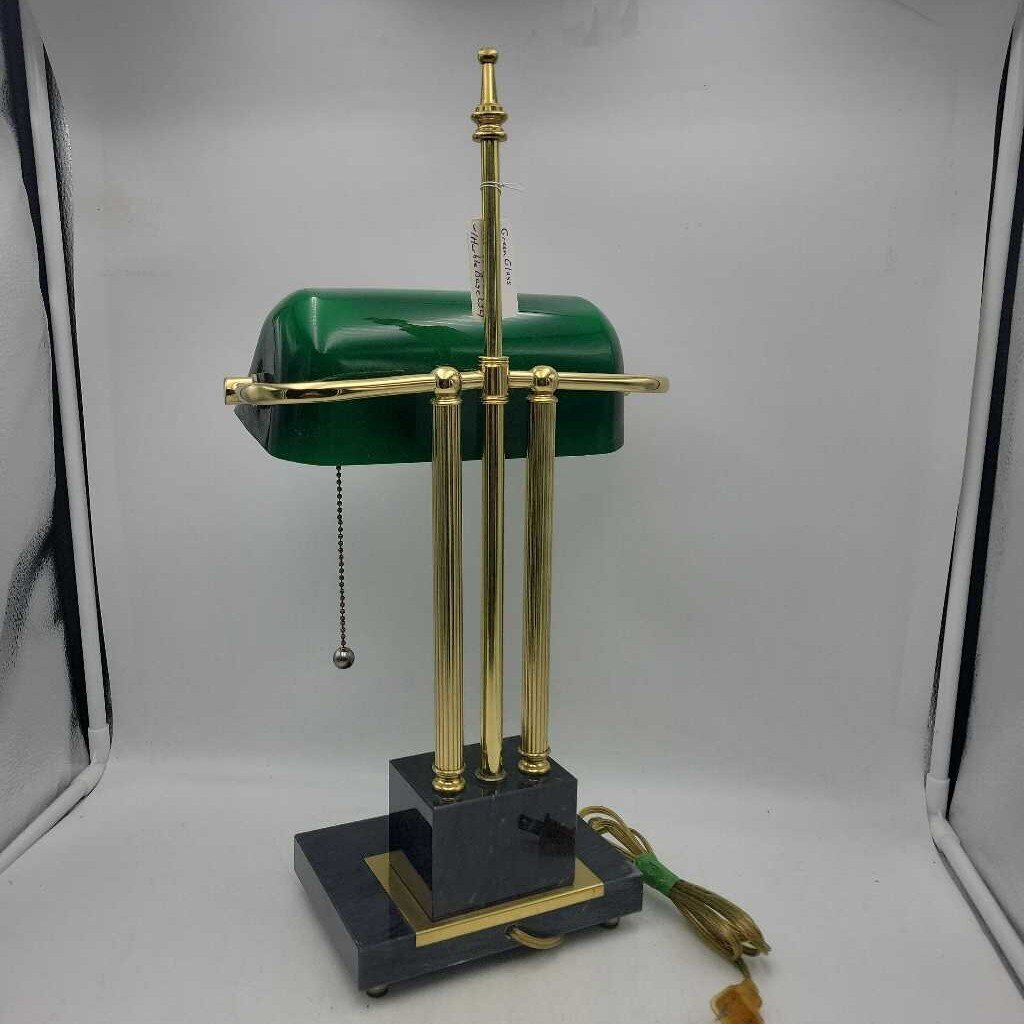 Green Glass & Brass Bankers Lamp w/Marble Base (JL)