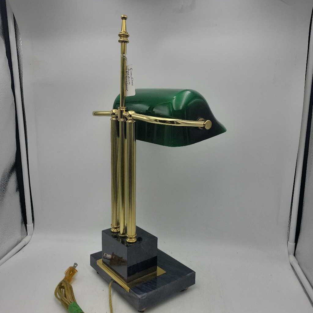 Green Glass & Brass Bankers Lamp w/Marble Base (JL)