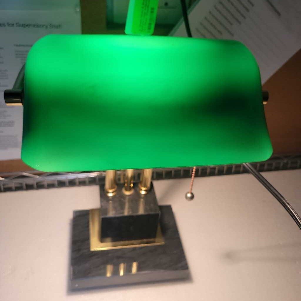 Green Glass & Brass Bankers Lamp w/Marble Base (JL)