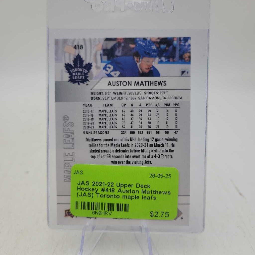 2021-22 Upper Deck Hockey #418 Auston Matthews (JAS) Toronto maple leafs