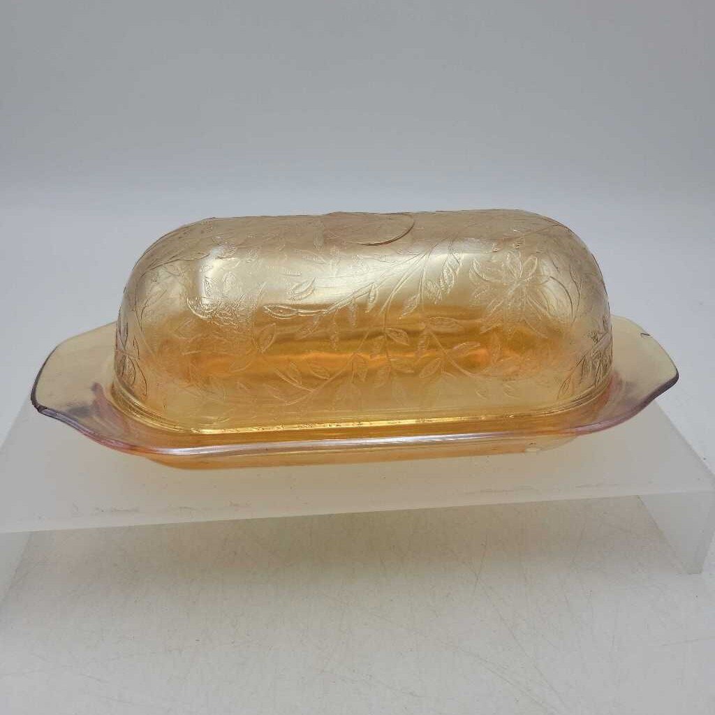 Glass Butter Dish w/Cover Jeanette Flora Gold (JFH)