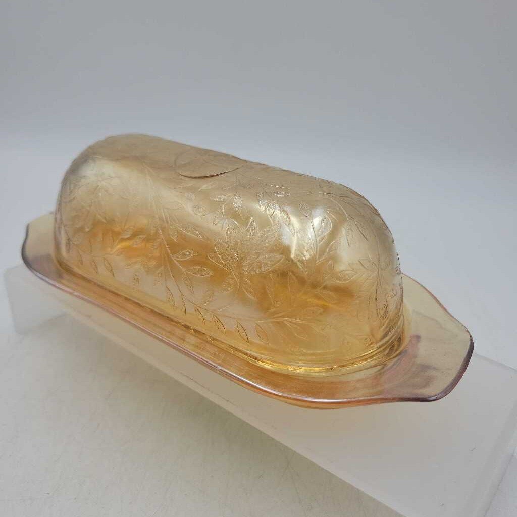Glass Butter Dish w/Cover Jeanette Flora Gold (JFH)