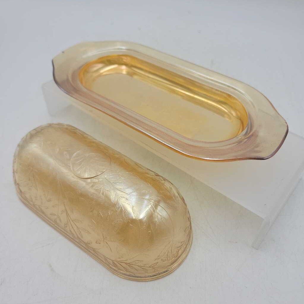 Glass Butter Dish w/Cover Jeanette Flora Gold (JFH)