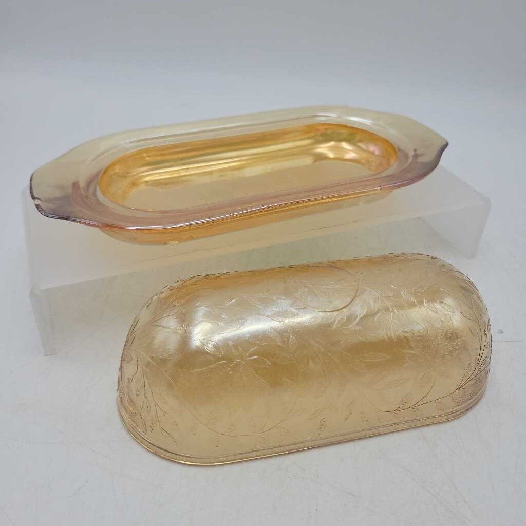 Glass Butter Dish w/Cover Jeanette Flora Gold (JFH)