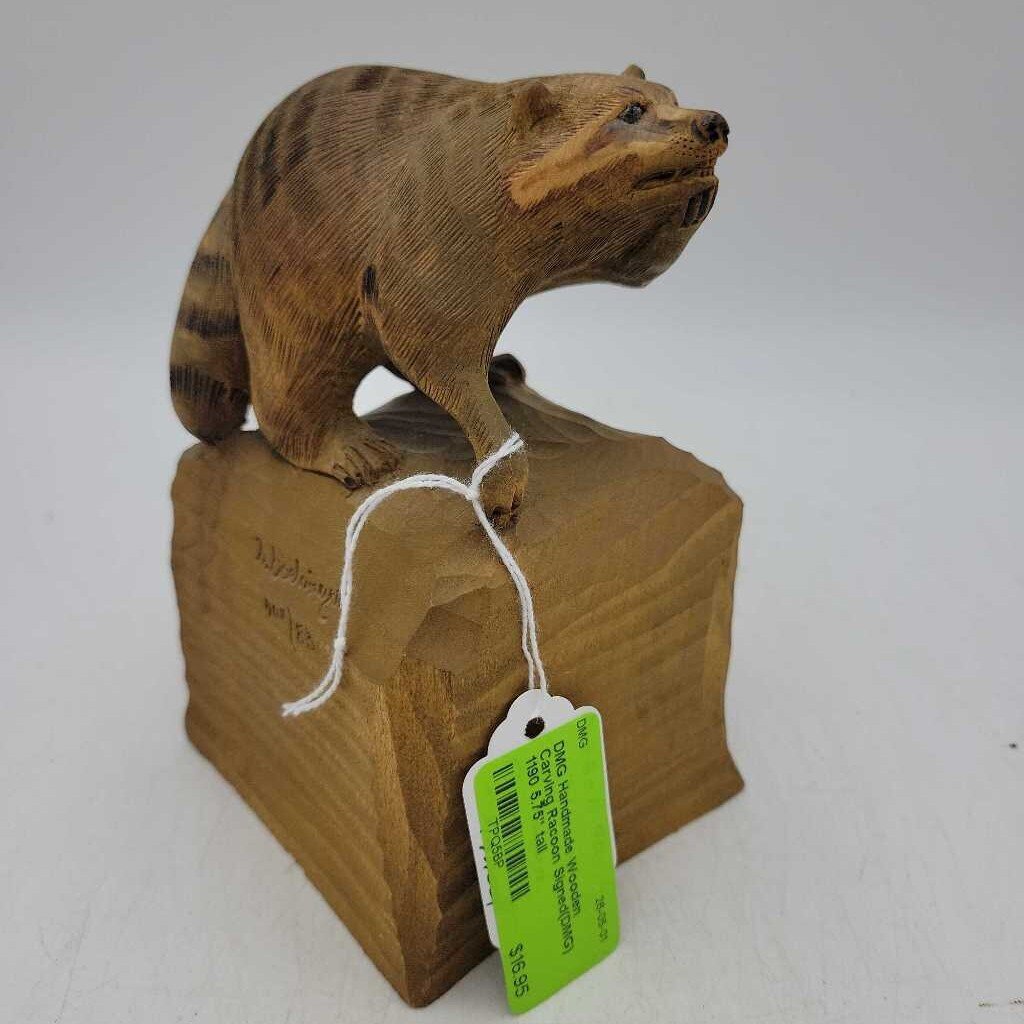 Handmade Wooden Carving Racoon Signed(DMG) 1190