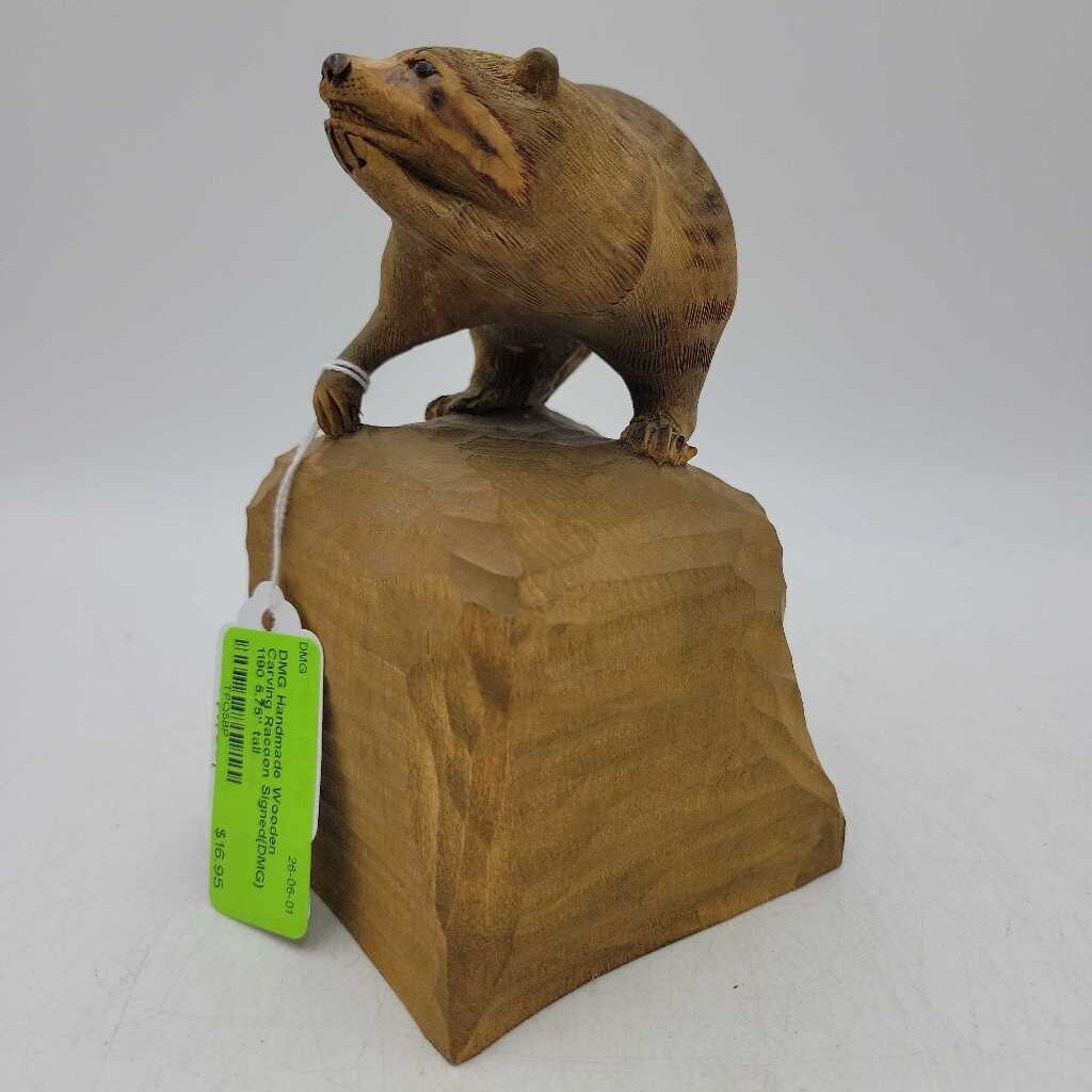 Handmade Wooden Carving Racoon Signed(DMG) 1190