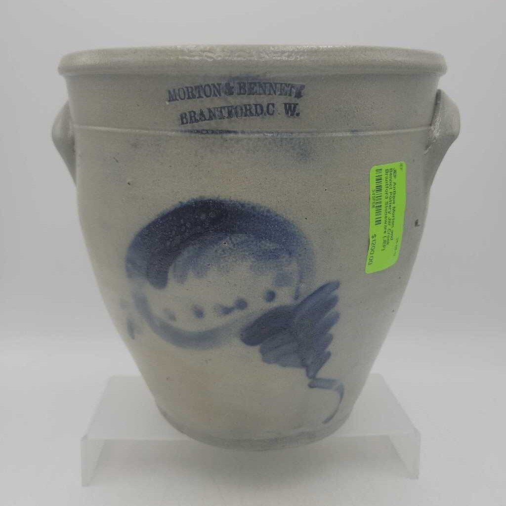 Antique Morton and Bennet Pottery Jar Crock Brantford Stoneware (JEF) Tornado decoration