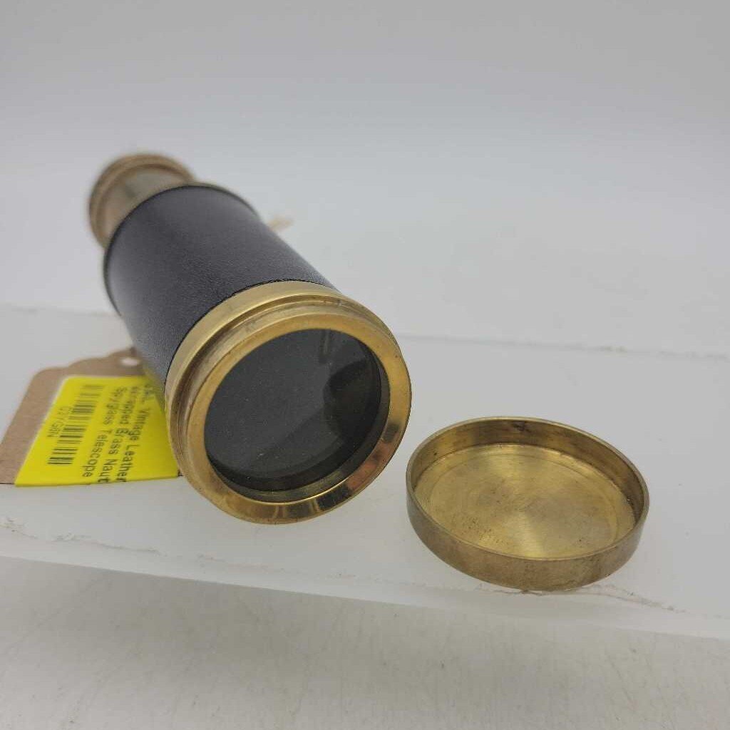 Working Vintage Leather-Wrapped Brass Nautical Spyglass Telescope w/ Brass Cap (Max 6.75"L/ Min 3.5"L)