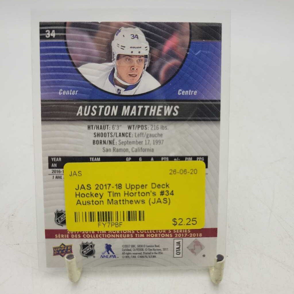 2017-18 Upper Deck Hockey Tim Horton's #34 Auston Matthews (JAS)