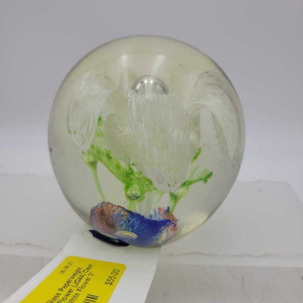 Art Glass Paperweight with White Flower (JG44)