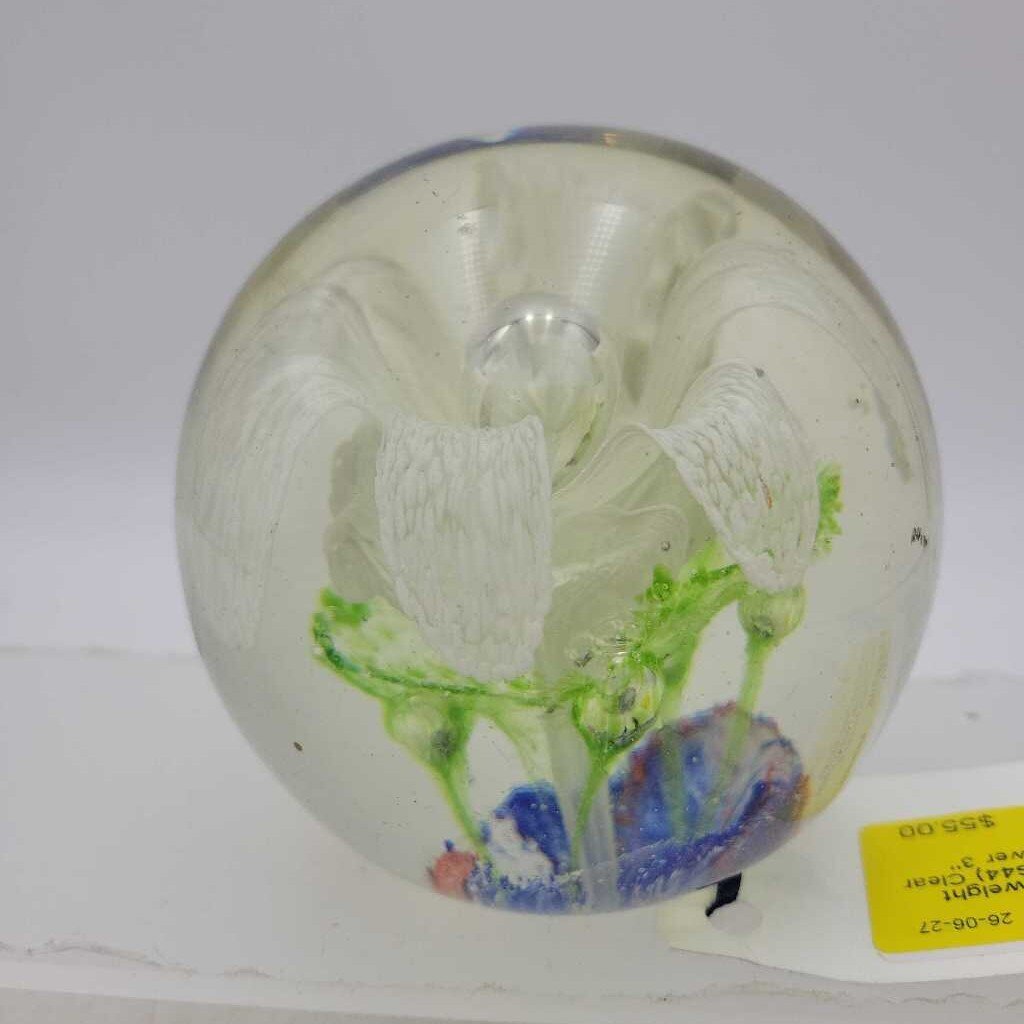 Art Glass Paperweight with White Flower (JG44)