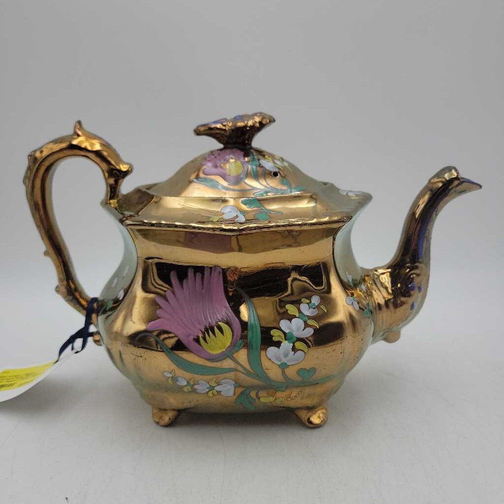 Antique Copper Lusterware Hand Painted Footed Teapot (JG44)