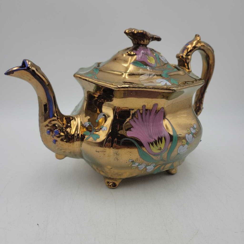 Antique Copper Lusterware Hand Painted Footed Teapot (JG44)