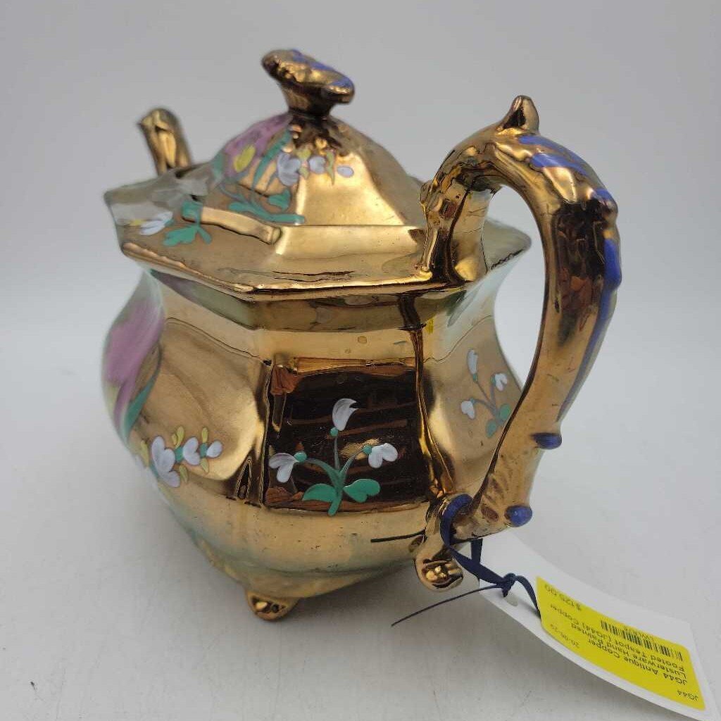 Antique Copper Lusterware Hand Painted Footed Teapot (JG44)