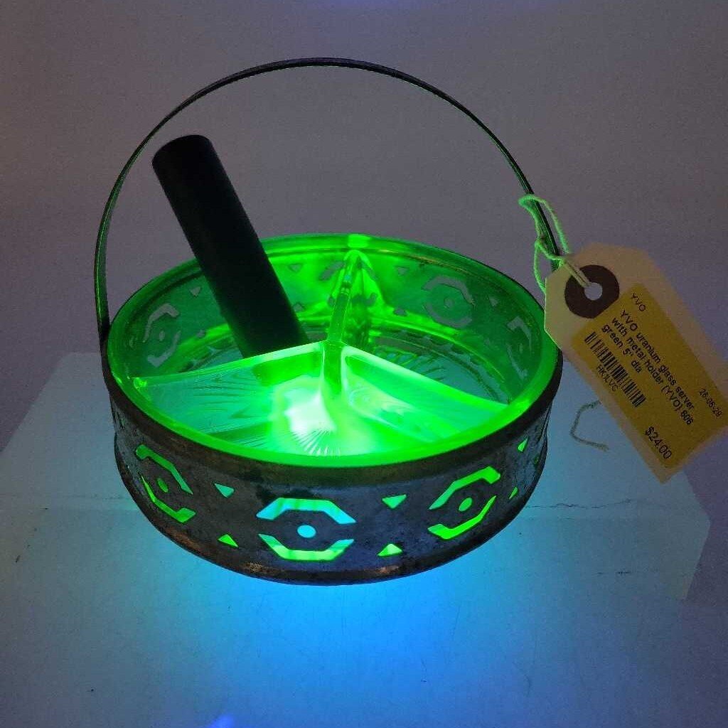 uranium glass server with metal holder (YVO) 606