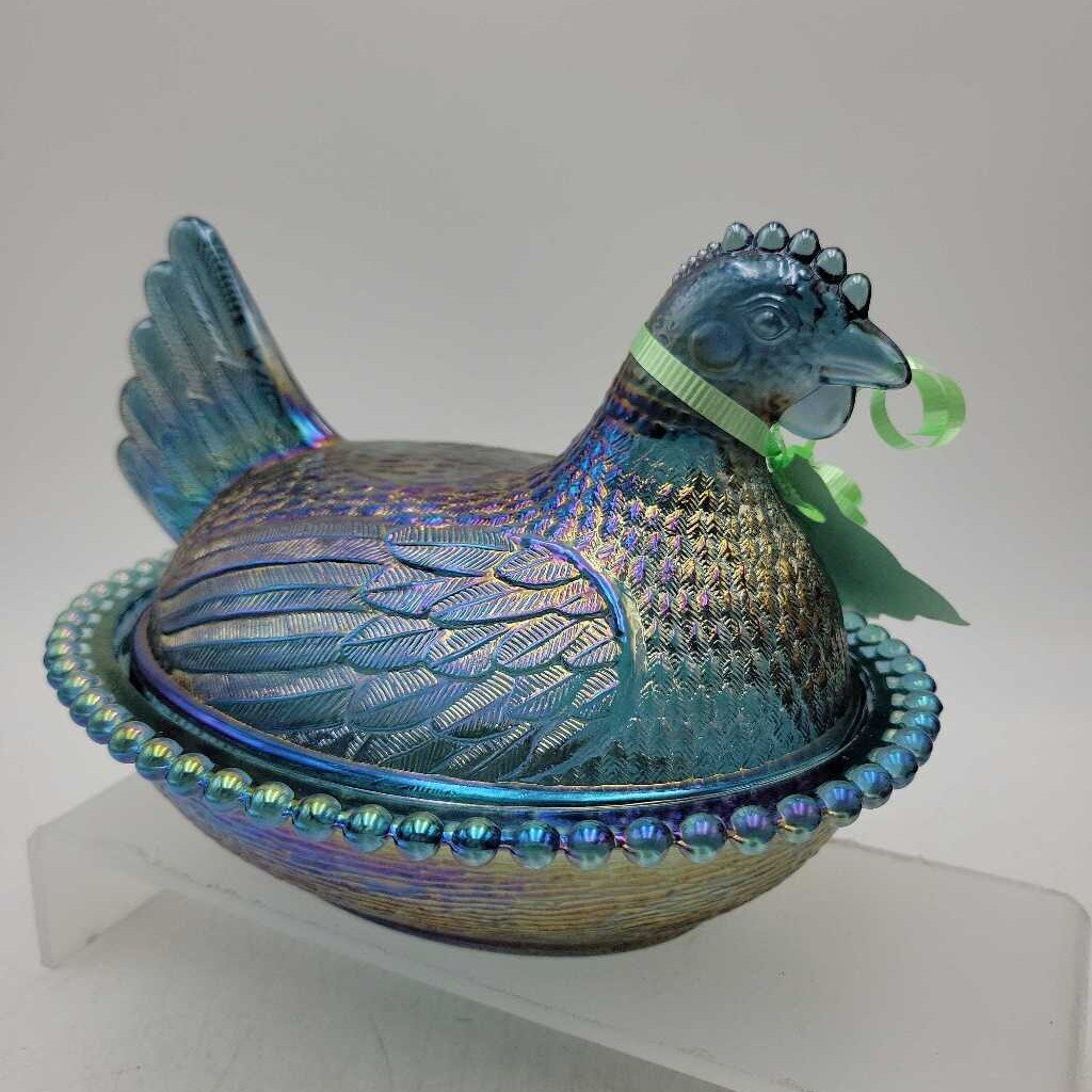 *RARE* Indiana Glass Company Blue Iridescent Hen on Nest