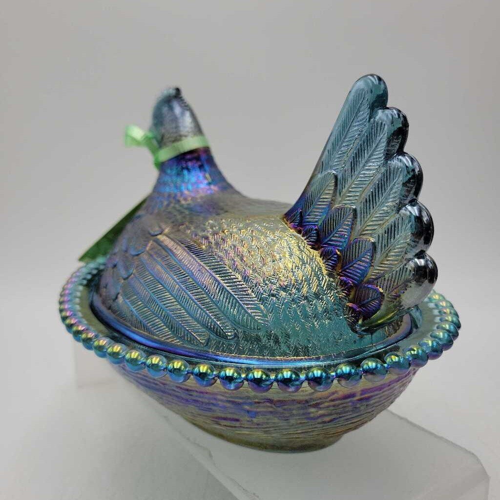 *RARE* Indiana Glass Company Blue Iridescent Hen on Nest