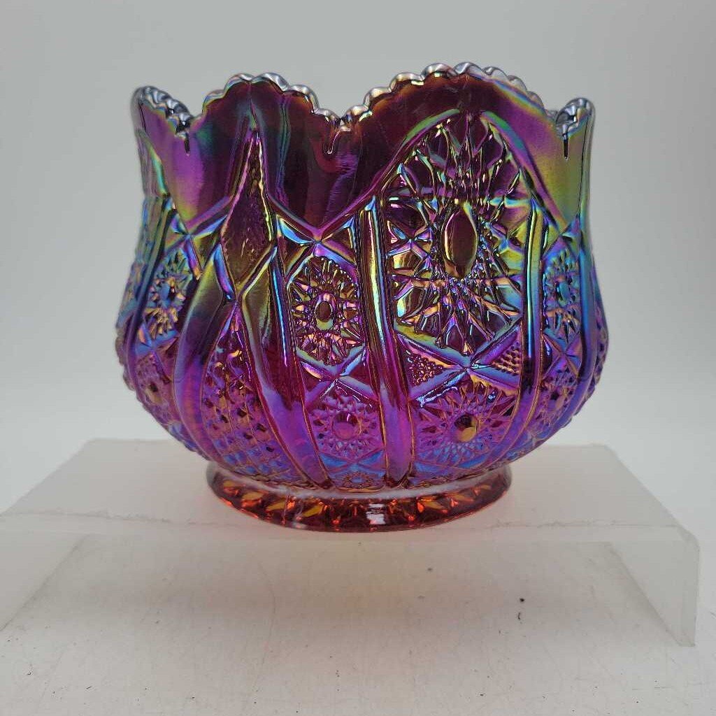Indiana Glass Co. Iridescent Sunset Ruby Red Carnival Glass 6" Rose Bowl (CCM)