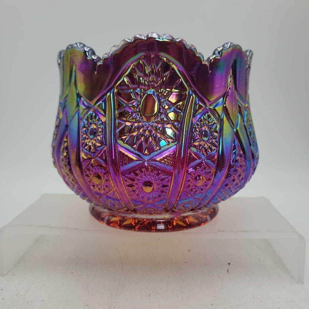 Indiana Glass Co. Iridescent Sunset Ruby Red Carnival Glass 6" Rose Bowl (CCM)