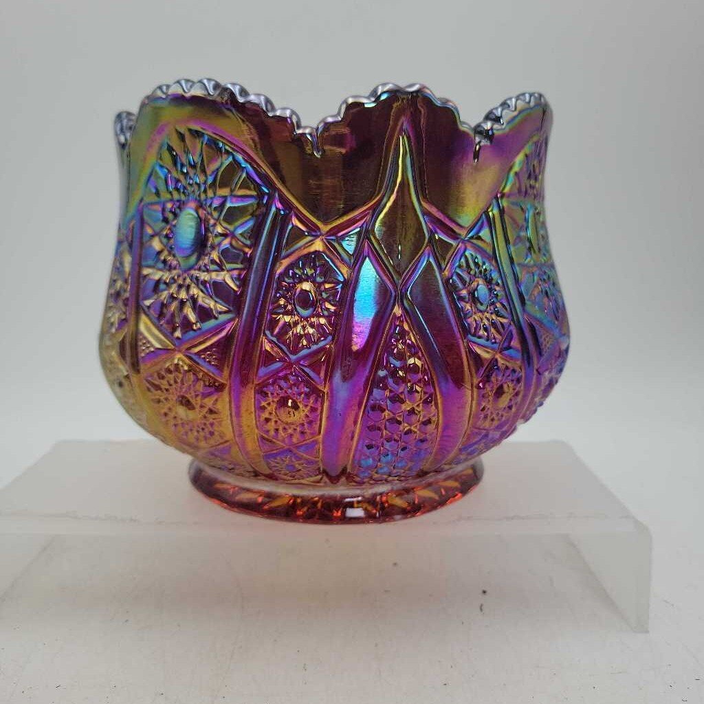 Indiana Glass Co. Iridescent Sunset Ruby Red Carnival Glass 6" Rose Bowl (CCM)