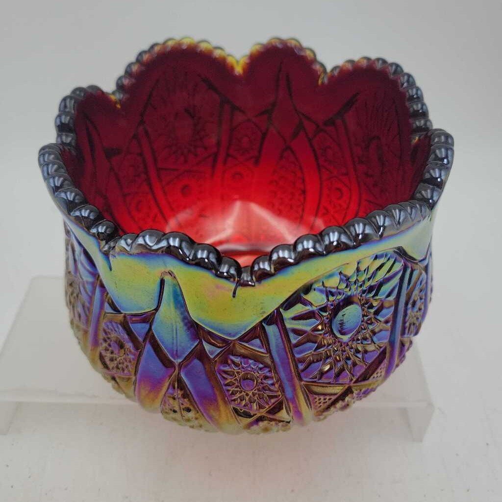 Indiana Glass Co. Iridescent Sunset Ruby Red Carnival Glass 6" Rose Bowl (CCM)