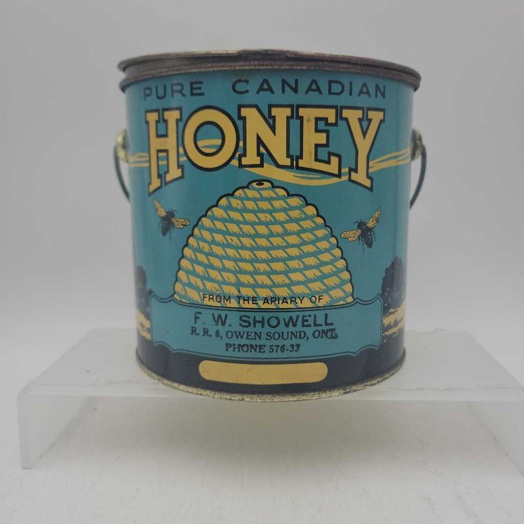 .Pure HONEY TIN pail 4 LB F.W. Showell Owen Sound (DEB)