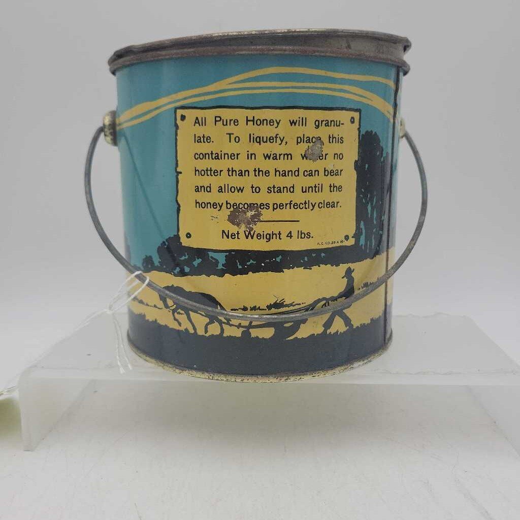 .Pure HONEY TIN pail 4 LB F.W. Showell Owen Sound (DEB)