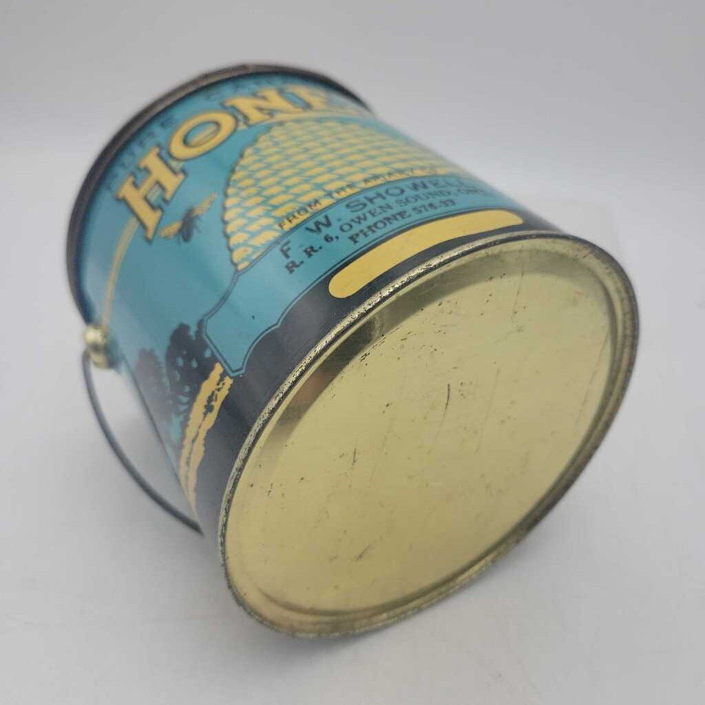 .Pure HONEY TIN pail 4 LB F.W. Showell Owen Sound (DEB)