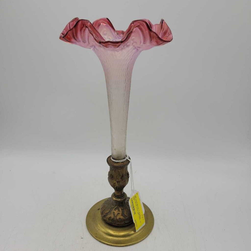 Hand Blown Cranberry Vase brass vase (JEF)