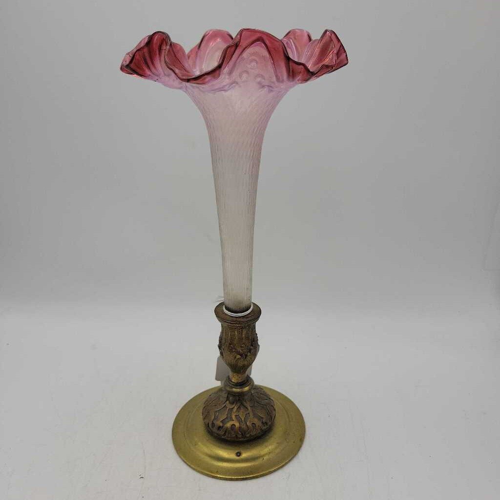 Hand Blown Cranberry Vase brass vase (JEF)