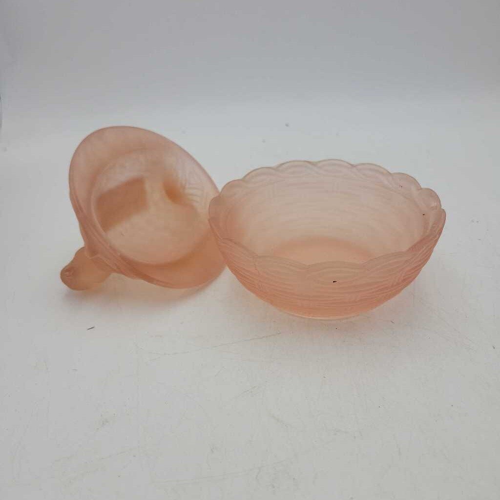 Pink Satin Hen on Nest small chipped on beak (YVO) (609)