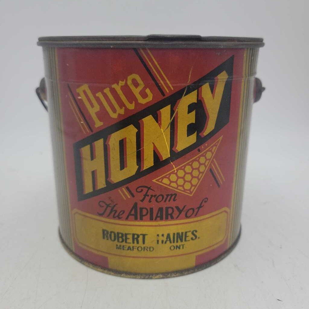 Pure Canadian Honey Tin pail Robert Haines Meaford Ont (Jef)