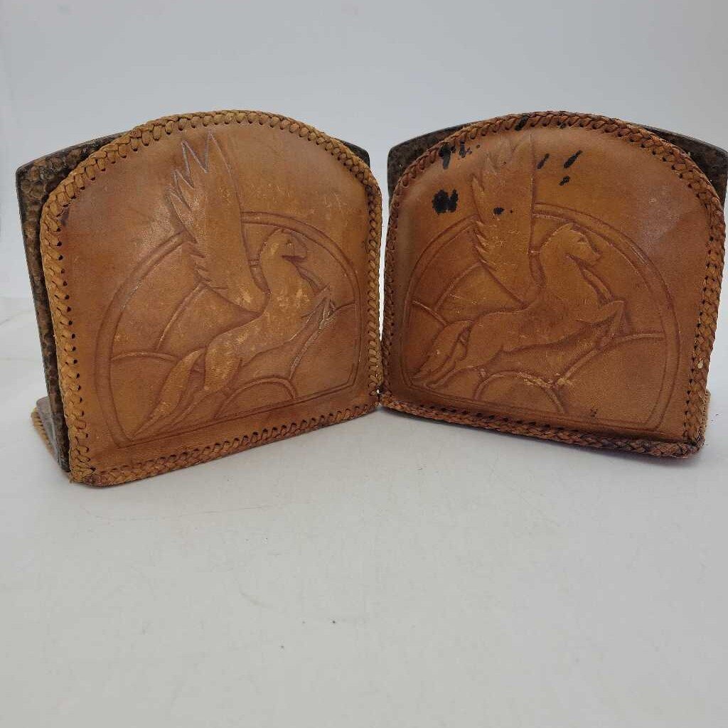 Hand crafted book ends/leather/brass) 1 of a kind.(WR)