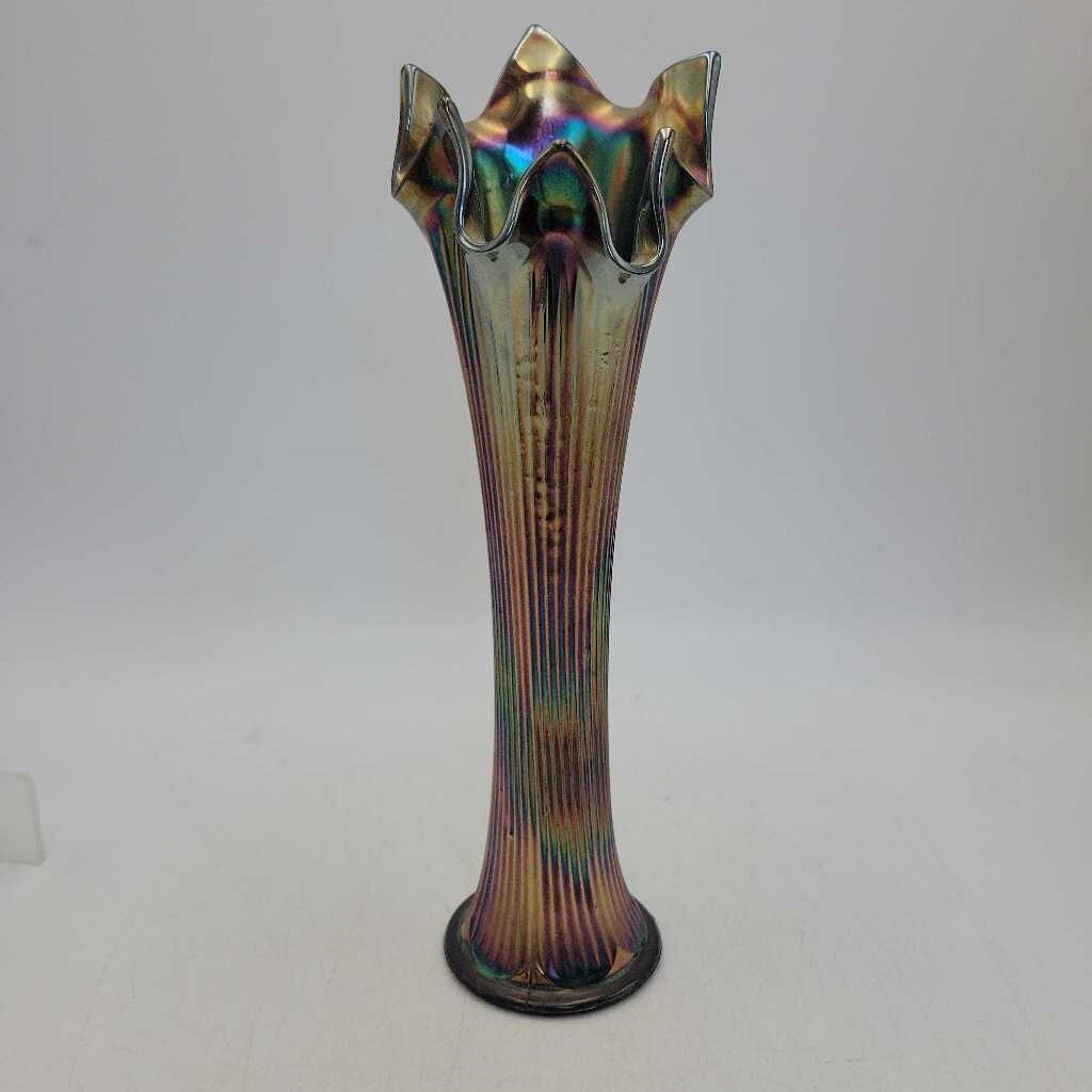 Carnival glass Fenton Rib Cobalt Blue Iridescent vase (YVO) 610