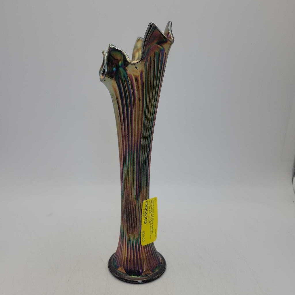 Carnival glass Fenton Rib Cobalt Blue Iridescent vase (YVO) 610