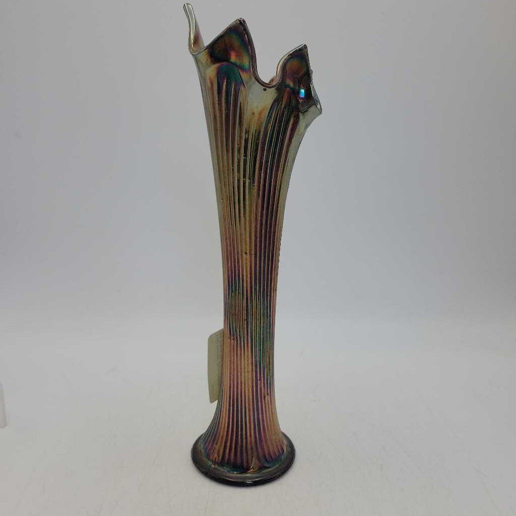 Carnival glass Fenton Rib Cobalt Blue Iridescent vase (YVO) 610