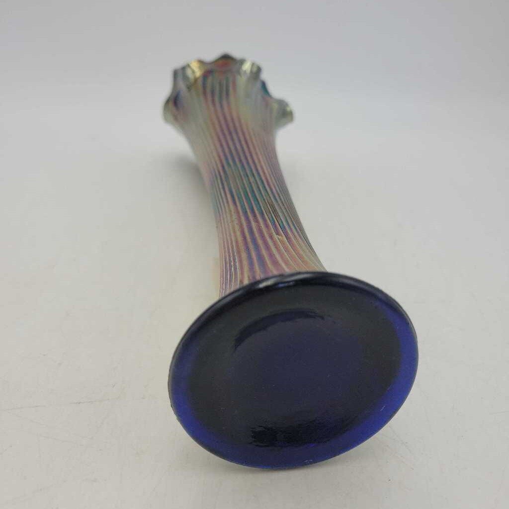Carnival glass Fenton Rib Cobalt Blue Iridescent vase (YVO) 610
